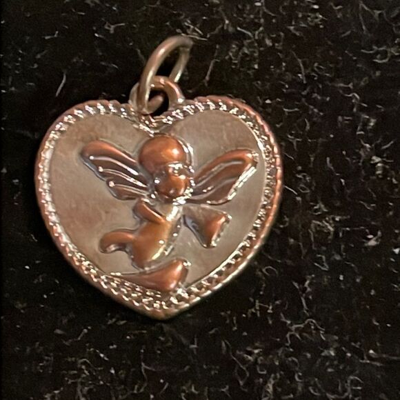 0.5” two toned-silver/rose gold-heart shaped charm/pendant w/cherub blowing horn - Picture 1 of 8